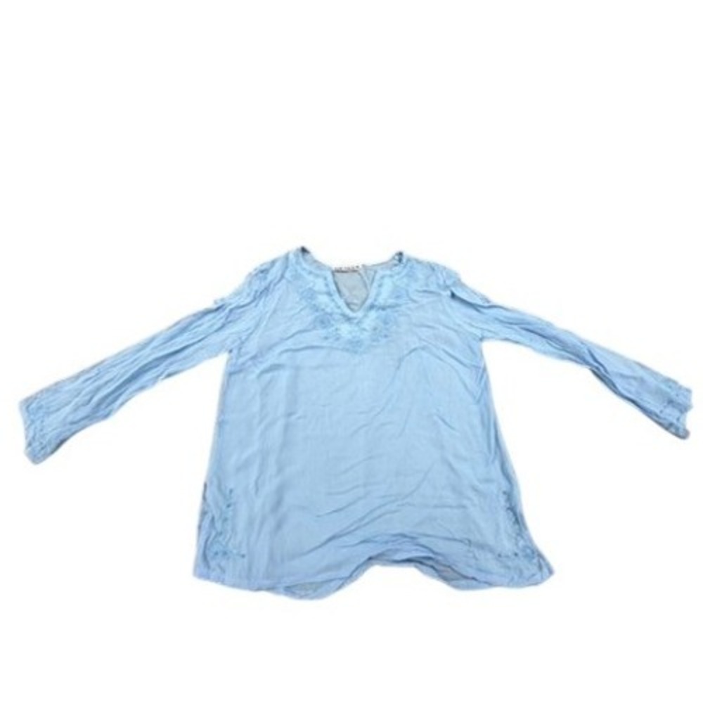 AMI Womens Light Blue Embroidered V-Neck Long Sleeve Tunic Top Boho Chiffon